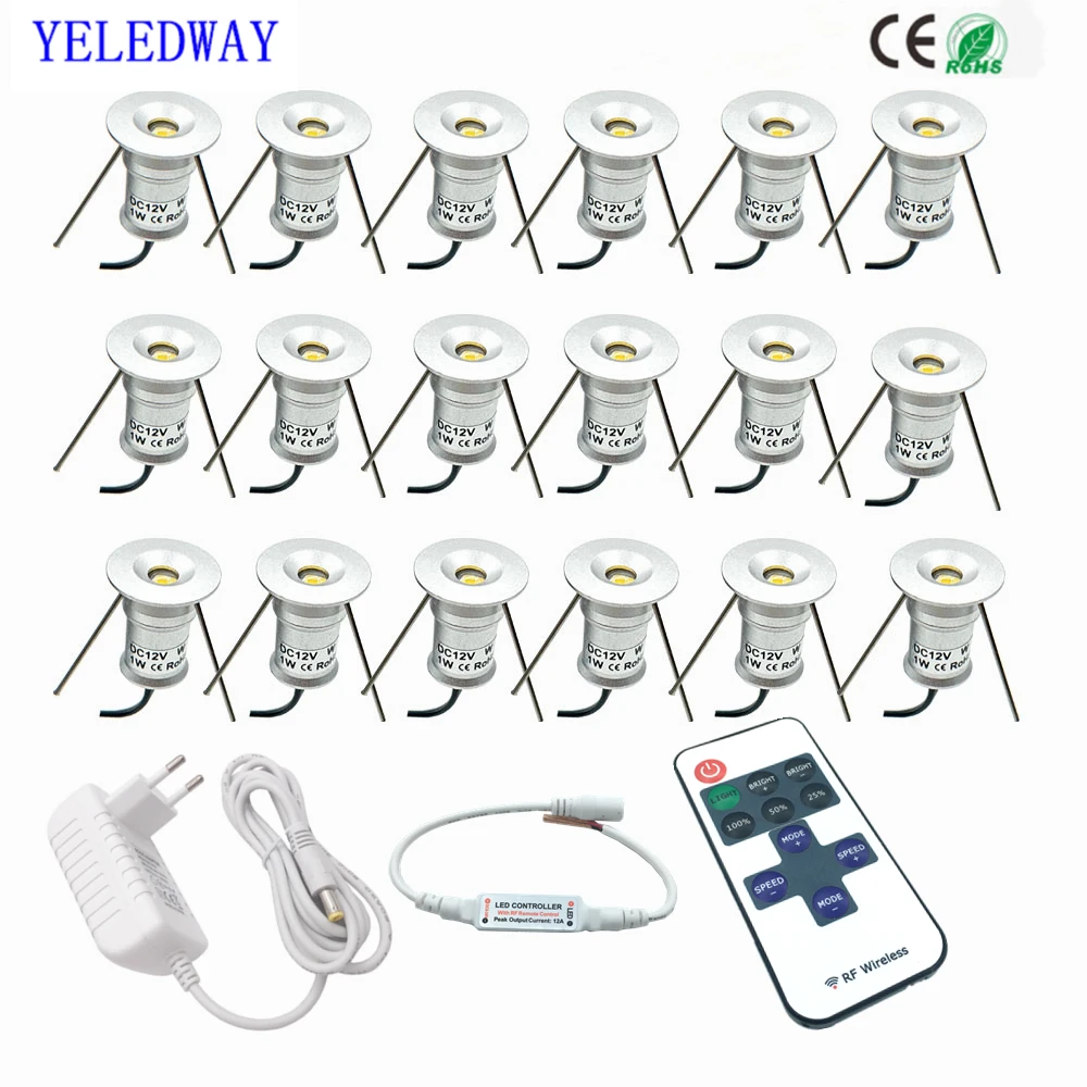 Mini Spot LED 12V Downlights Dimmbare 1W Deckenleuchte Set Fernbedienung 15mm Einbau Schwarz Silber Weiß Schrank Spot Lichter