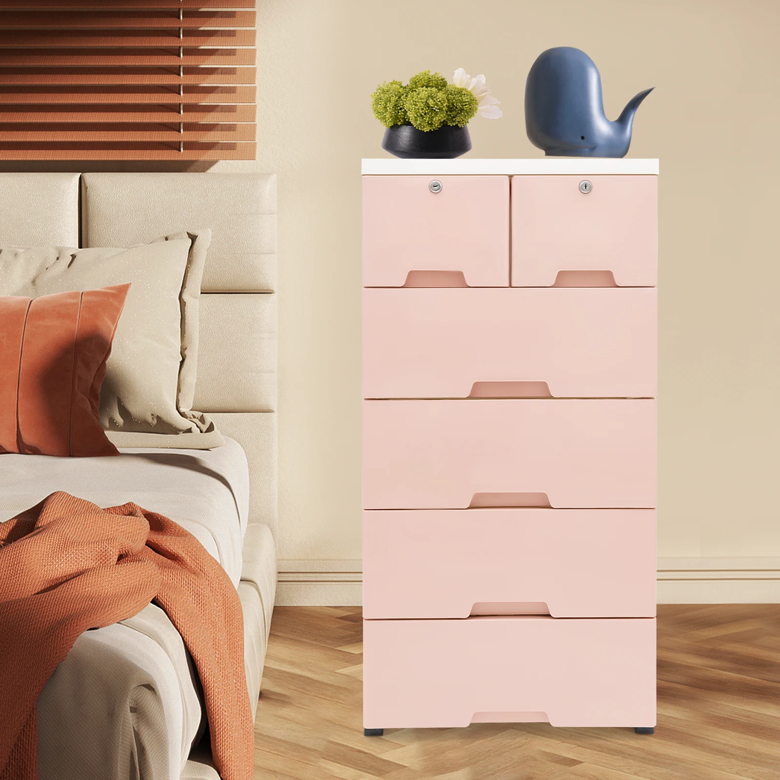Rosafarbener Schubladenschrank mit 5 Ebenen und 6 Schubladen und Rollen, 50 x 35 x 102 cm, PP-Organizer, Schubladen, Kommode für Schlafzimmerschrank