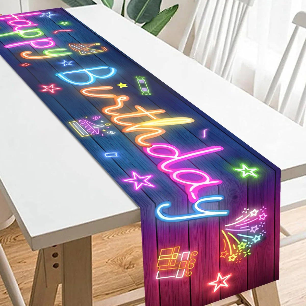 Alles Gute zum Geburtstag Neon Glow Tischläufer Fluoreszierende Kugel Stern Design Tischfahne Geburtstagsparty Zubehör Geburtstagsparty Tischdekoration Image