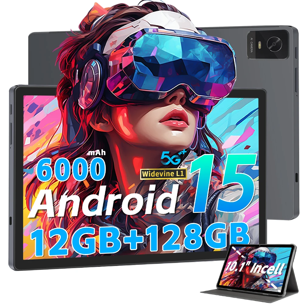 Tablet 10,1 Zoll, 2025 Android 15 Tablets, 12 GB + 128 GB, 1 TB Erweiterung, Widevine L1 kompatibles Octa-Core-Tablet mit 6000 mAh Akku Image