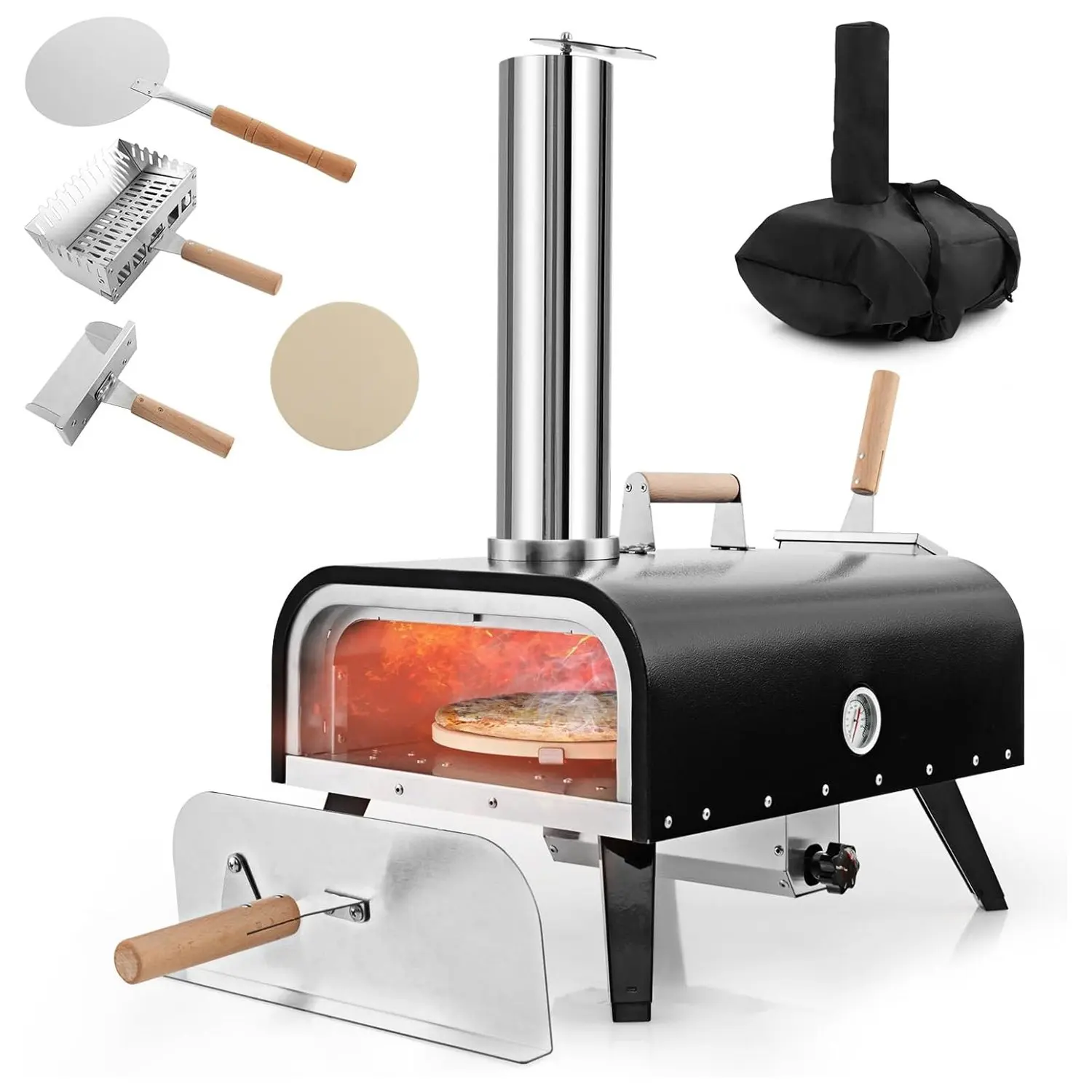 Pizzaofen für den Außenbereich, tragbarer Pizzaofen aus Edelstahl mit Pizzastein, Pizzaschaufel, Thermometer, faltbare Beine und Tragetasche Image