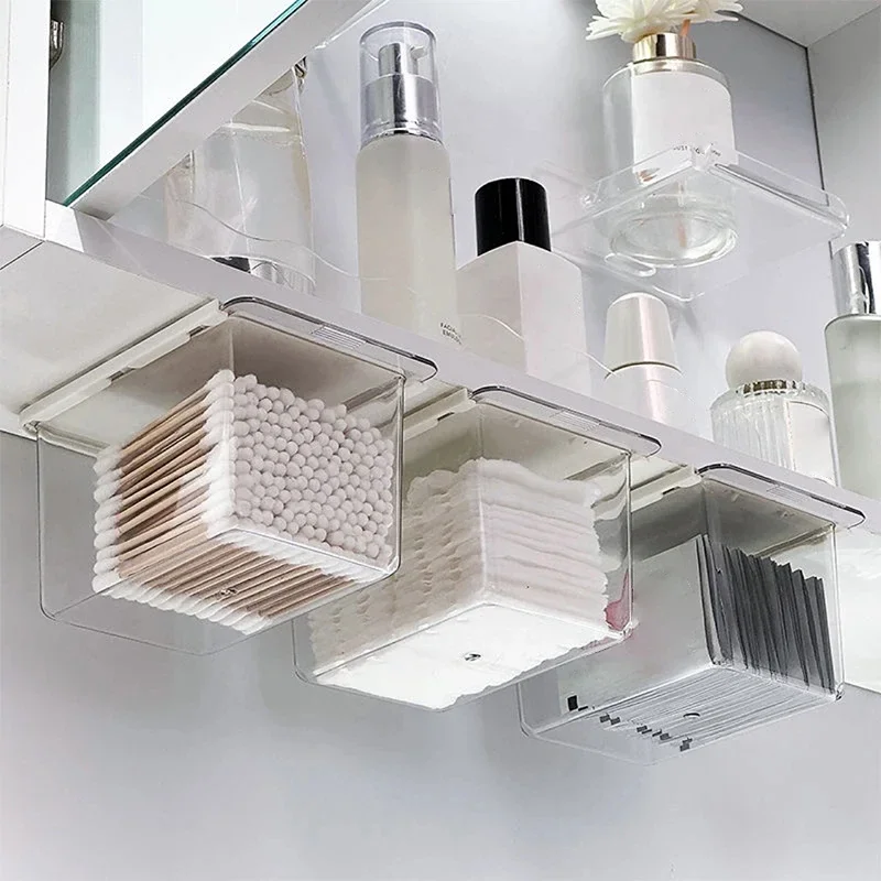 Transparente Badezimmer-Aufbewahrungsbox aus Baumwolle mit ausziehbarer Aufbewahrungsbox aus Baumwolle für Make-up-Baumwolle im Badezimmer-Stil unter dem Spiegelschrank