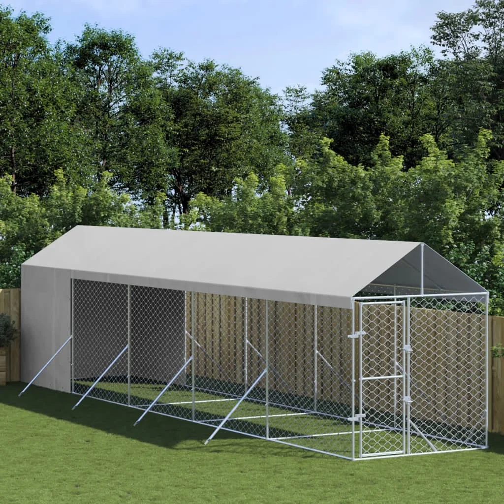 Hundehütte für den Außenbereich mit silbernem Dach, 2 x 10 x 2,5 m, robuste Haustierzäune, Hundekäfig, Zwingerhaus für das Training, Hundebedarf im Freien