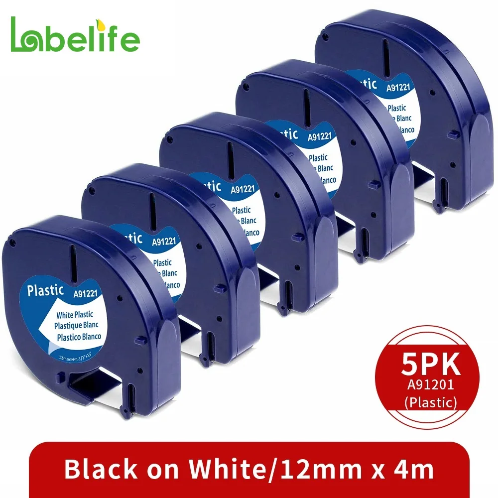 5er Pack Kunststoff weiß für Dymo Letratag Label Maker Tape Nachfüllungen 91201 91331 91221 59422 Label Tape 12mm für LT-100H LT-100T Plus Image