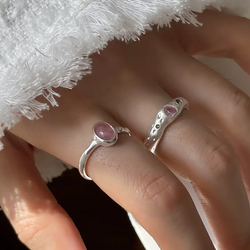 925 Sterling Silber Einfache Retro Rosa Stein Ringe Für Frauen Geometrische Mode Einfache Offene Handgemachte Allergie Party Schmuck Geschenk Image