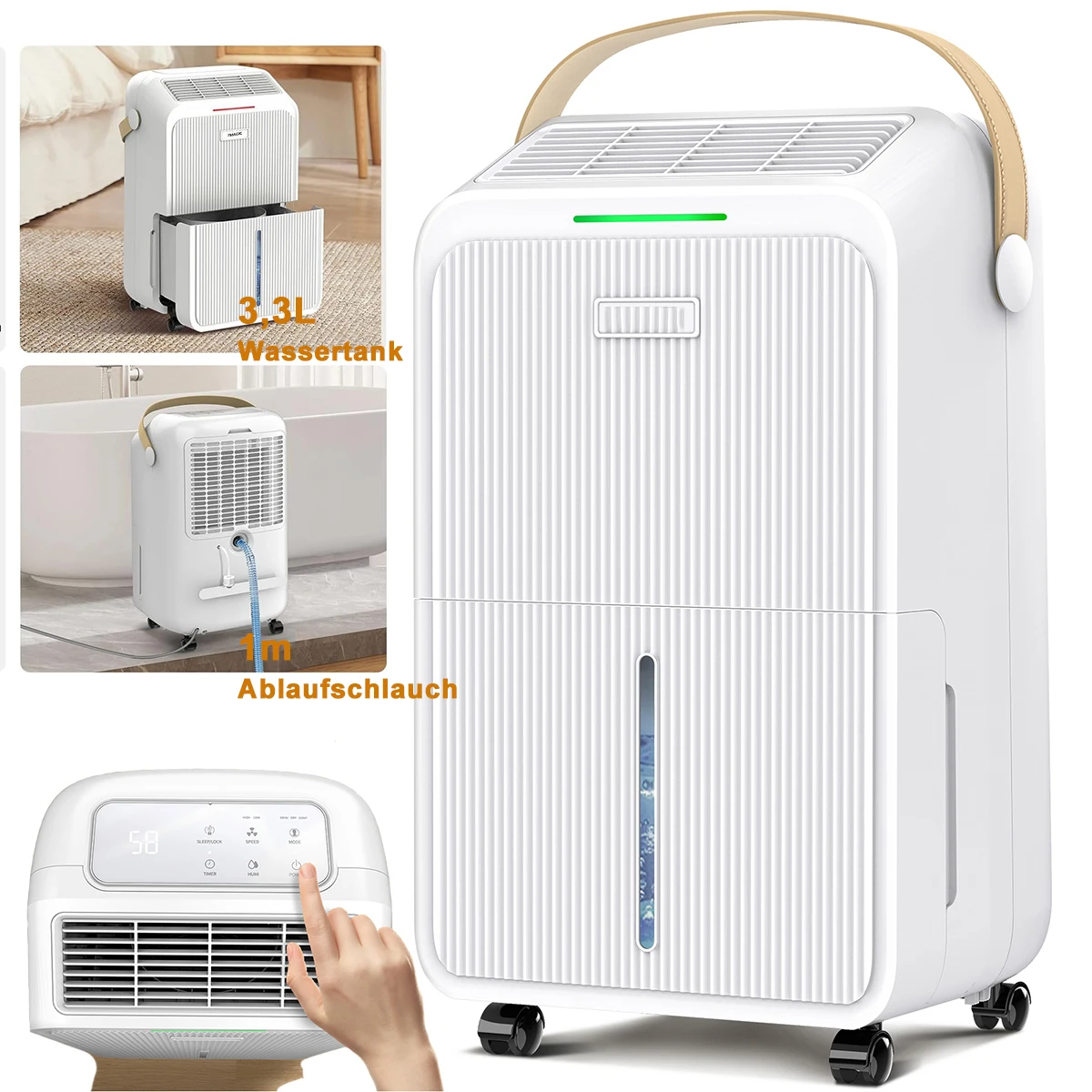 Luftentfeuchter 16 l/Tag, elektrischer Luftentfeuchter mit Ablaufschlauch 1,2 m, Raumentfeuchter mit LED-Anzeige Image