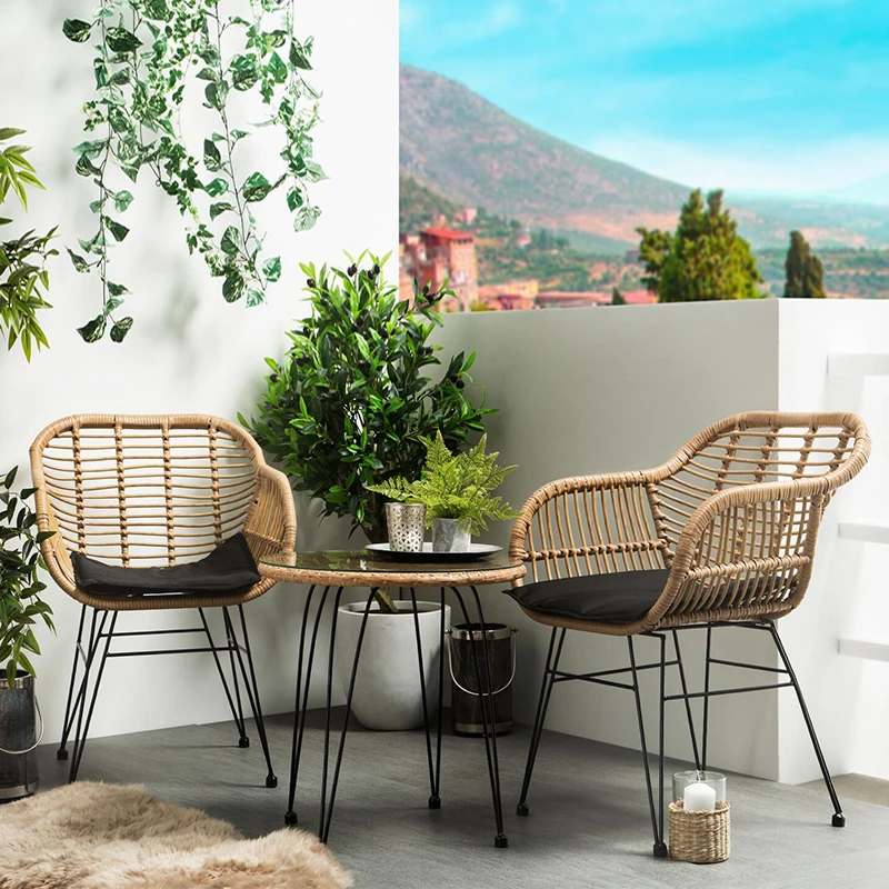 Ins Rattan Stuhl Balkon im Freien dreiteiliges Set Haushalt Schmiedeeisen Rattan Freizeitstuhl Massivholztisch Innenhof einfach h