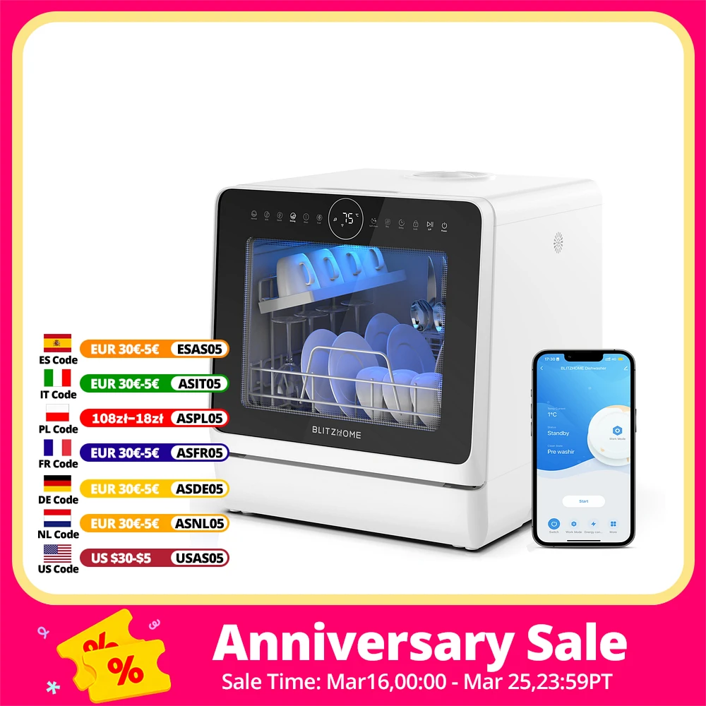 BLITZHOME BH-4-CDW Kompakter intelligenter Arbeitsplatten-Geschirrspüler, APP-Steuerung, 8 Programme, 3D 360 ° Doppelspray mit integriertem 5-Liter-Wassertank Image
