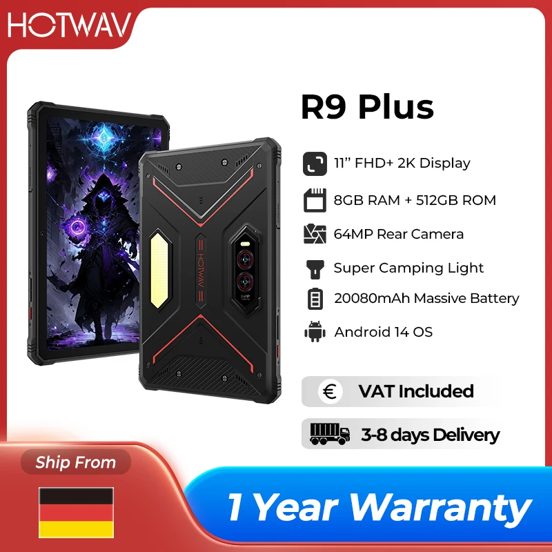HOTWAV R9 Plus Robustes Tablet 11'' 2K Display 20080mAh Pad 8GB 512GB 64MP Android 14 Tablet PC mit Super Camping Licht Image