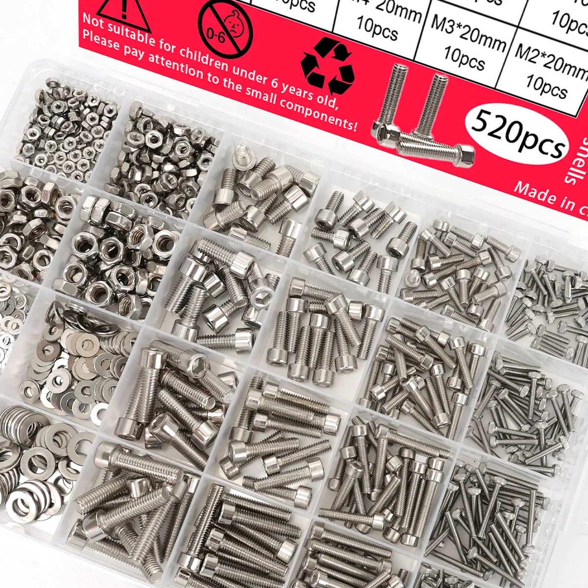 520-teiliges Edelstahl Sechskantmutter- und Schrauben-Set - M2, M3, M4, M5, Sechskantköpfe - Inklusive Flachdichtung und Schraubenschlüssel Image