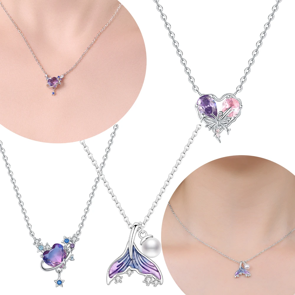 Farbverlauf Fischschwanz Perlenkette Herz Lila Planet Schmetterling Halskette Original 925er Silber Schmuck Feines Geschenk Jubiläum Image