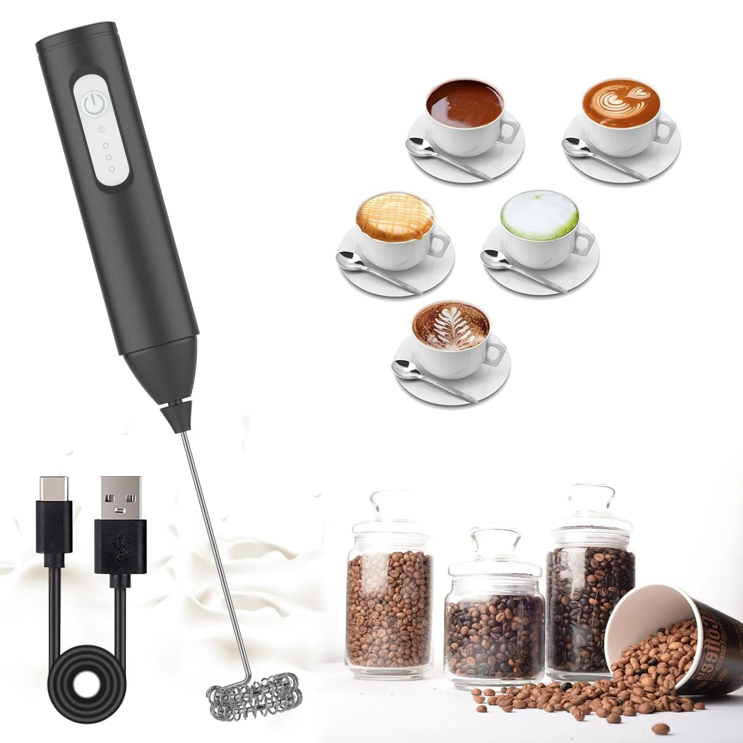 MINI Milchaufschäumer, USB wiederaufladbar, 3 Geschwindigkeiten, Schaumbereiter, Kaffee-Schneebesen, Mixer, elektrischer Griff, Mixer, Schneebesen Image