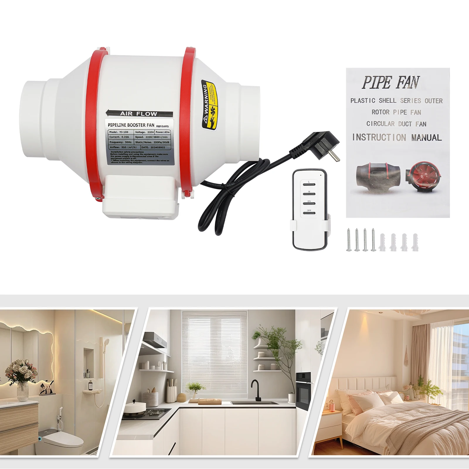 Kanal-Inline-Belüftungs-Abluftventilator mit Fernbedienung, 310 m 3/h hocheffizienter Luftventilator aus Kupfer Image