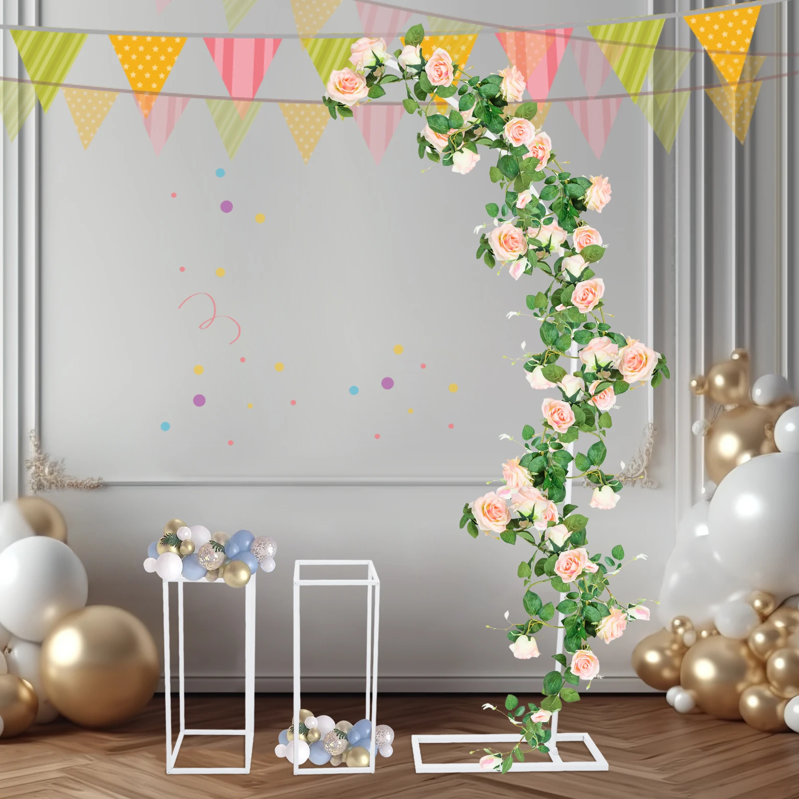 Hochzeitsbogen-Set (6,56 Fuß großer Bogenständer und 60 cm hoher Metallblumenhalter), für Hochzeiten, Geburtstagsfeiern, Weihnachtsdekoration, Weiß Image