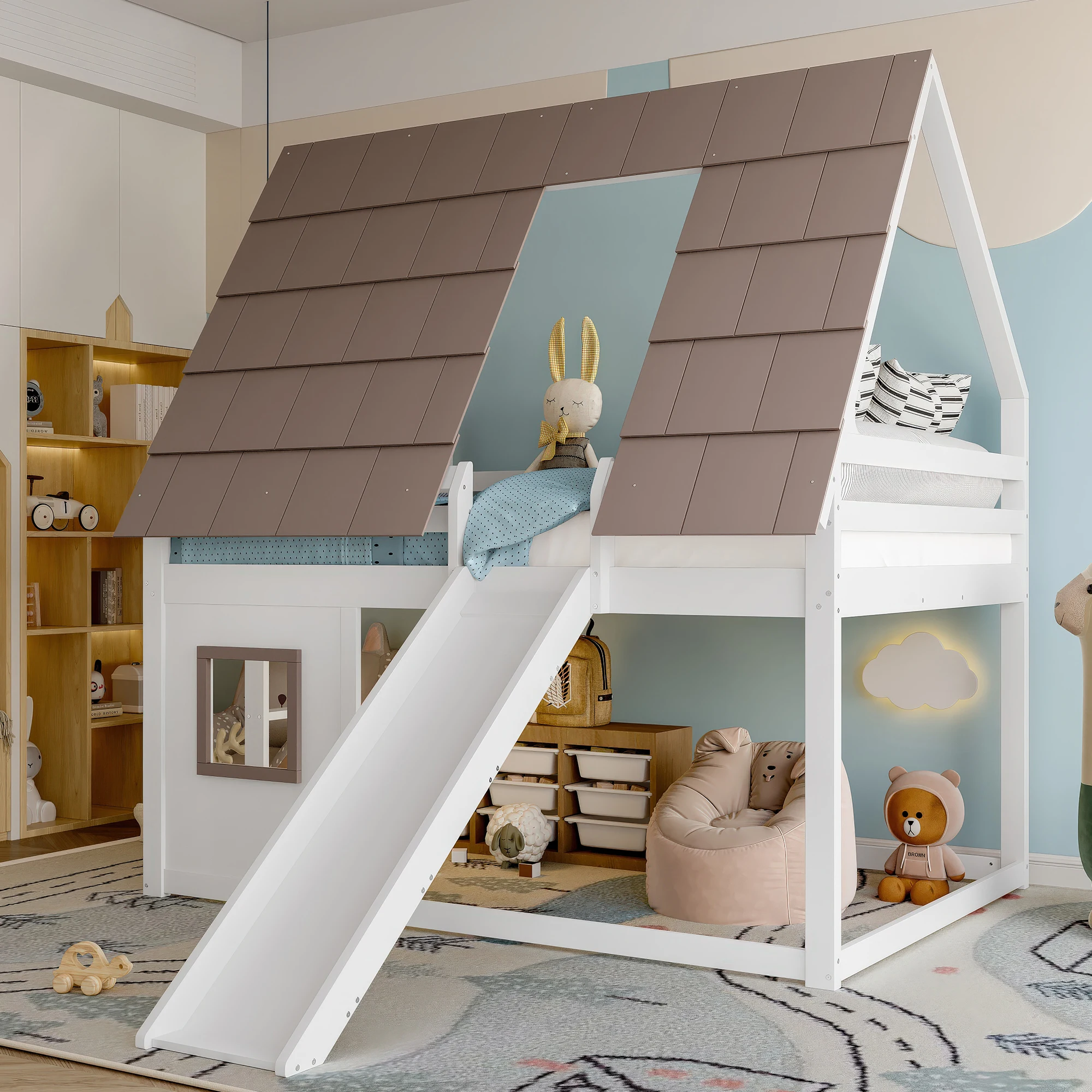 Hochbett 140x200 Haus-Etagenbett mit Dach und Fenster,Kinderbett im Hausdesign mit Leiter und Rutsche,Ohne Matratze,Weiß+Braun