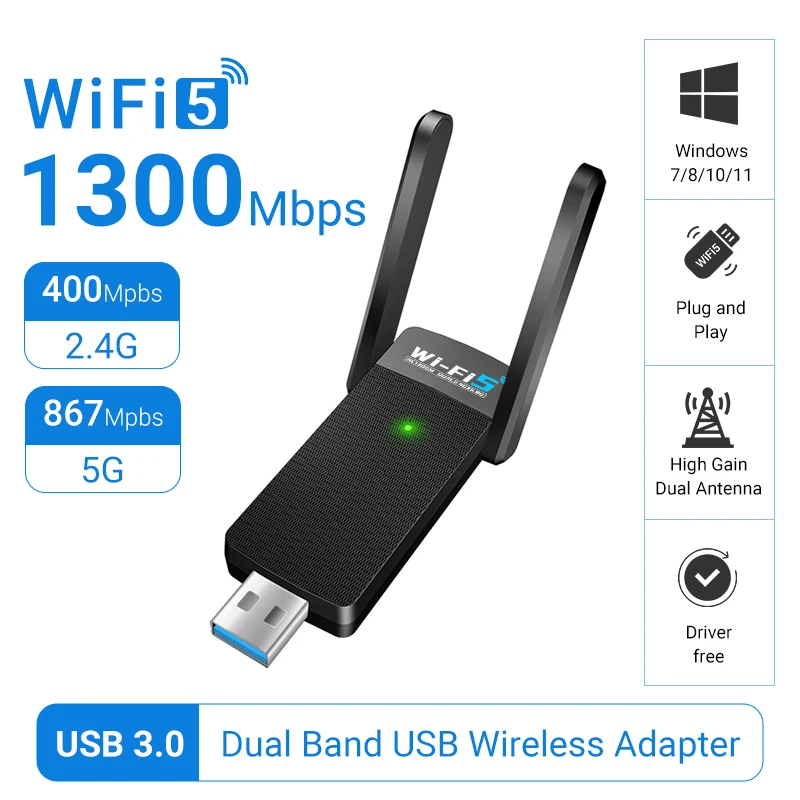 WALRAM 1300 Mbit/s USB-WLAN-Adapter AC1300 WiFi 5 Ethernet-Netzwerkkarte Dualband 5G 2,4 G USB3.0 WLAN-Dongle für PC-WLAN-Empfänger Image