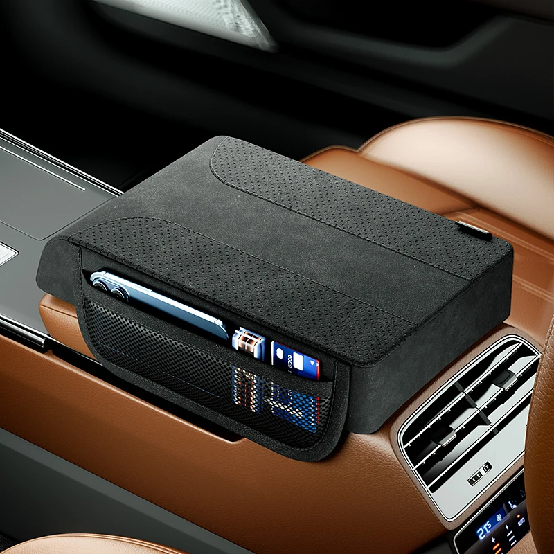 Auto Armlehnen bezug mit Aufbewahrung Wildleder Armlehne Box Höhe Pad Memory Foam Auto Mittel Armlehne Kissen Innen zubehör Image