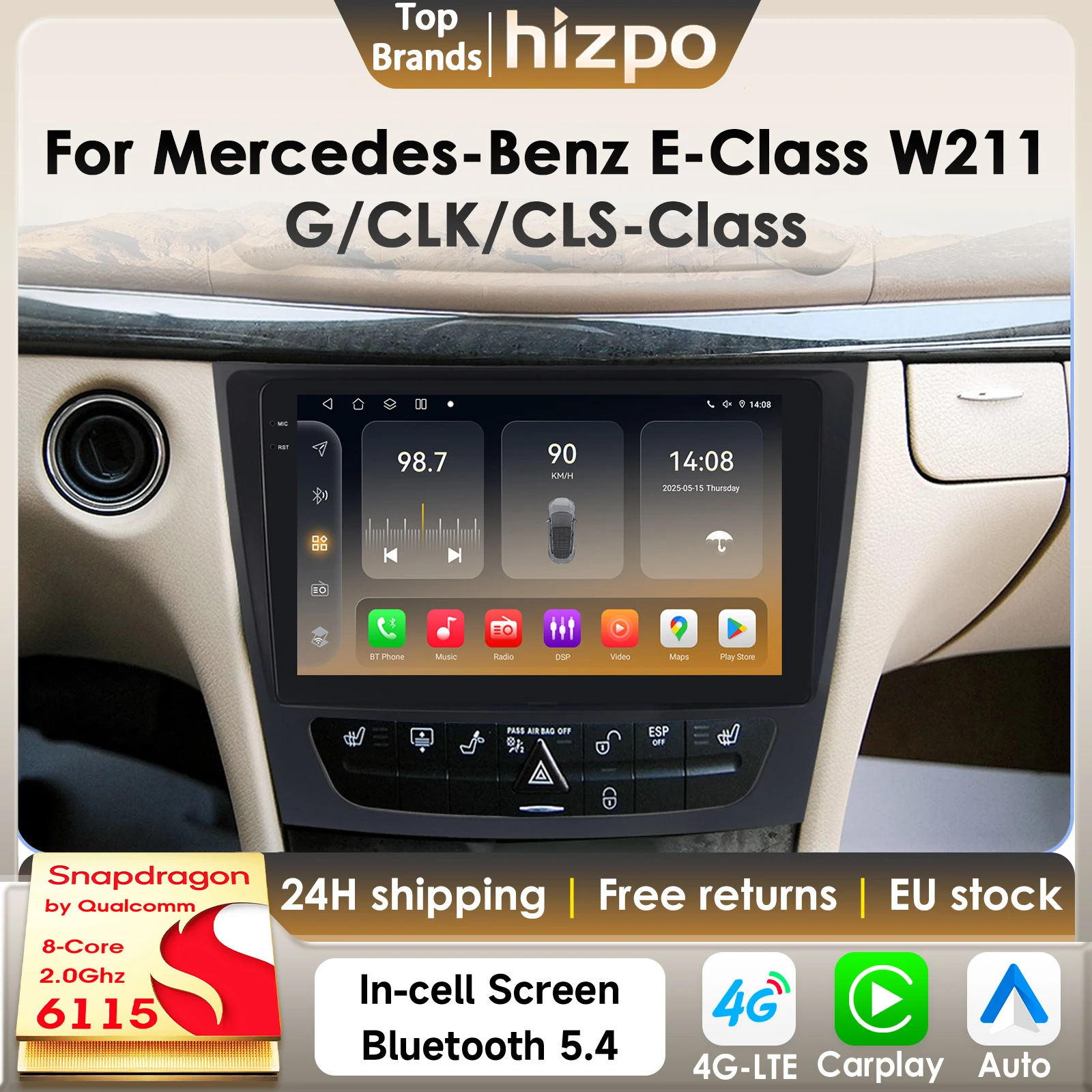 Hizpo Carplay Android 14 Autoradio für Mercedes Benz E-Klasse W211 E200 E220 E300 E350 E240 E270 E280 CLS W219 55 C W463 CLK 6115 Image