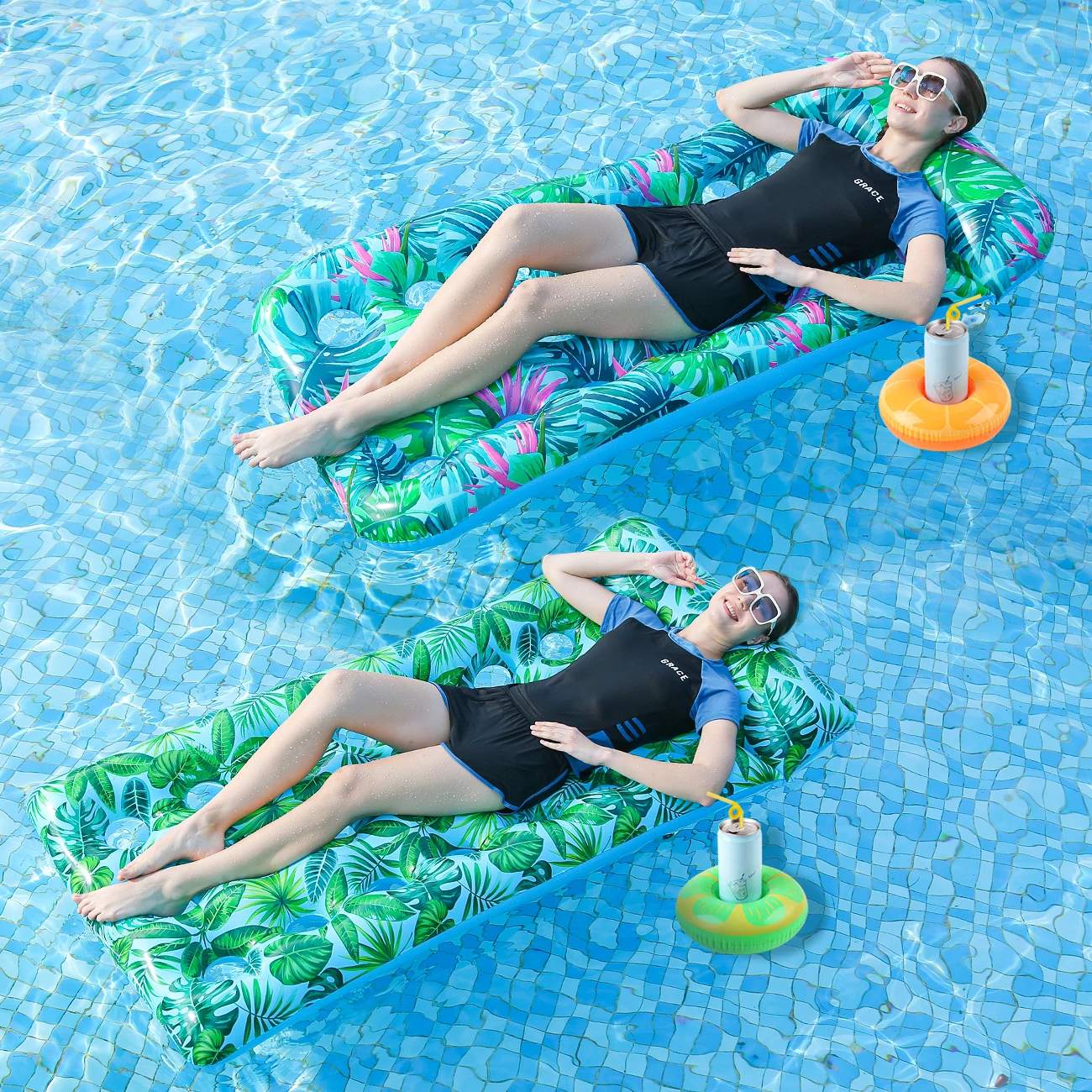 1 x aufblasbare schwimmende Hängematte für Erwachsene (verstärkt) + kostenloser Dosenhalter und 21-Loch-Hängematte – Sommer-Wasserliege Image