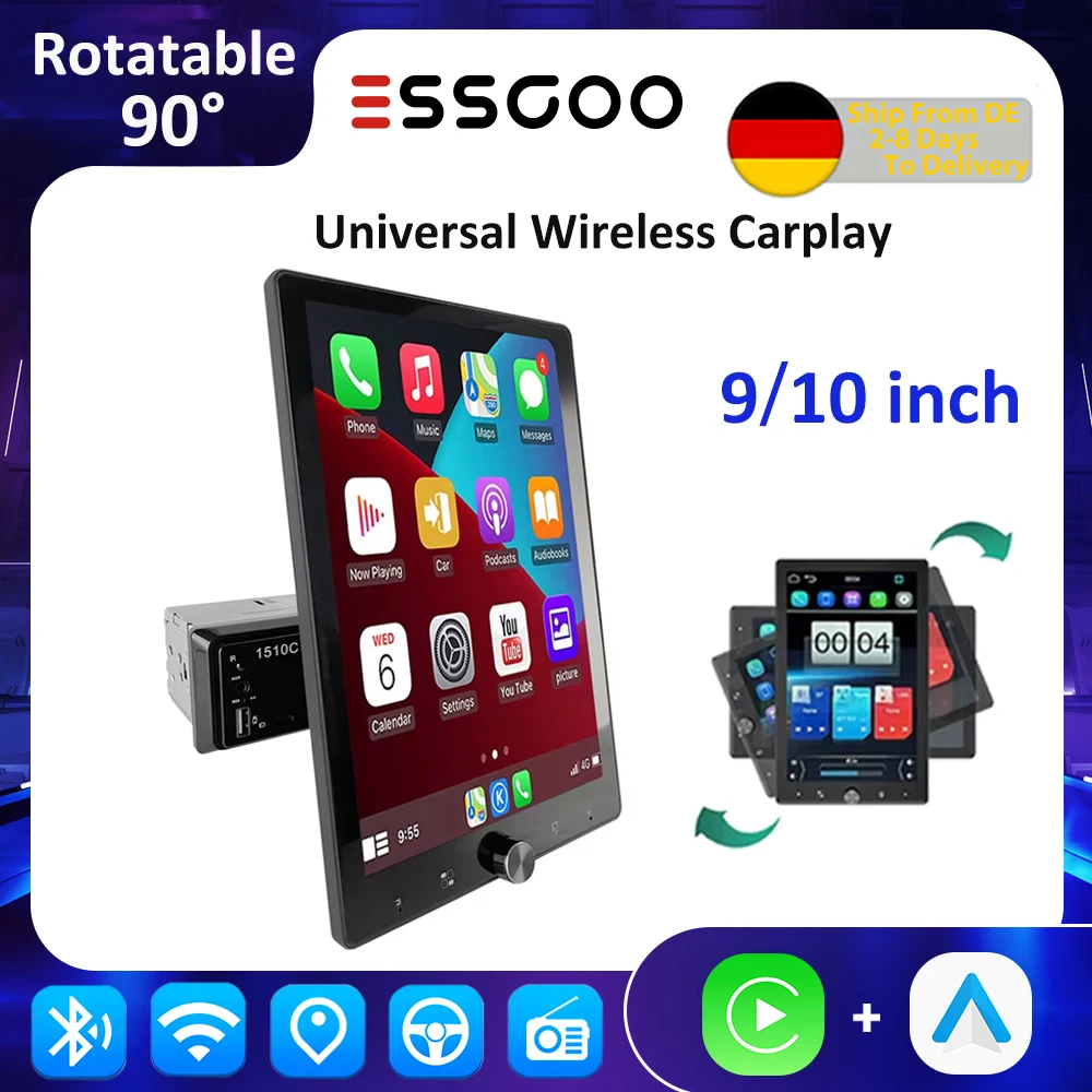 ESSGOO 9 10-Zoll-Auto-Multimedia-Player, kabellos, CarPlay, GPS, Navi, für universelle 90-Grad-drehbare Bildschirme, 1DIN USB Image