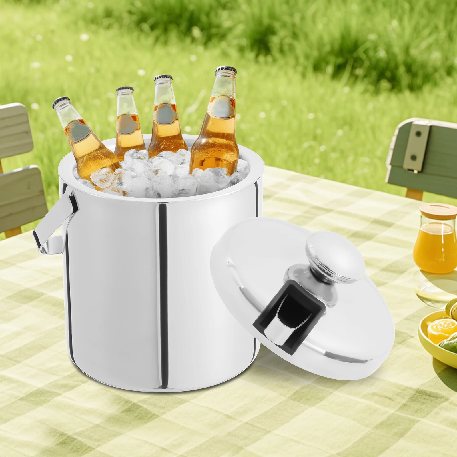 Eiskübel aus Edelstahl 304, 1,3 l – doppelschichtig isoliert, mit Eiszange/Sieb/Deckel, tragbar für Partys/Grillen Image