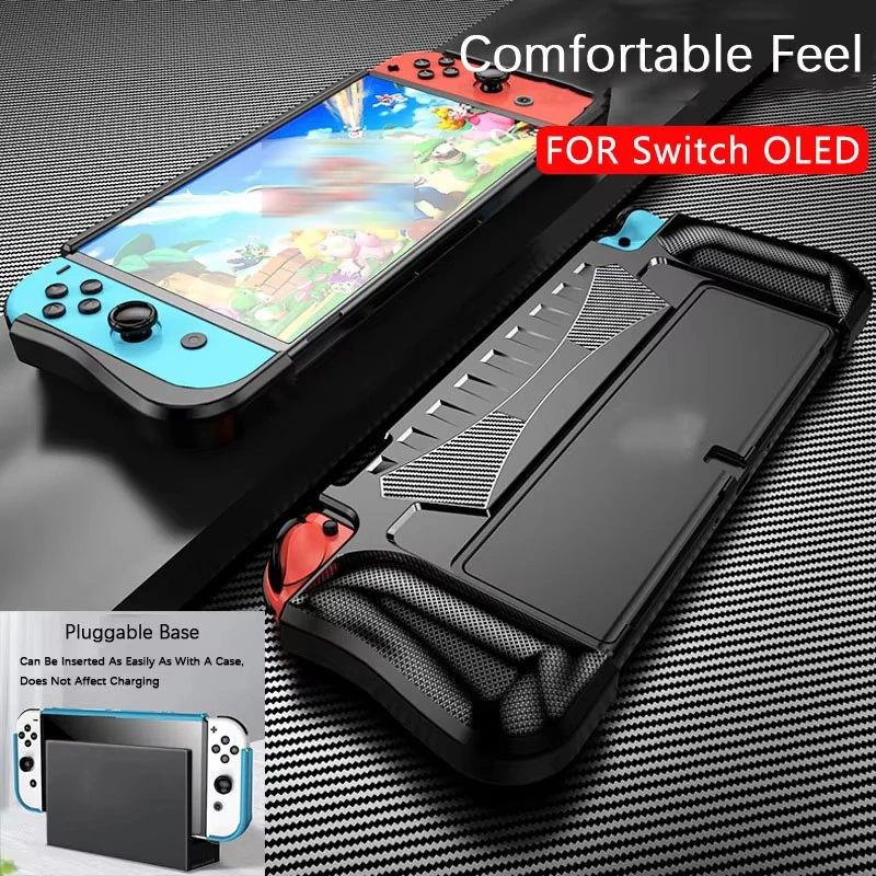 Für Switch OLED 2021 Dockbare Schutzhülle, weiche Silikonhülle, strukturierte Kohlefaser, ergonomische Griffabdeckung für Joycon Image