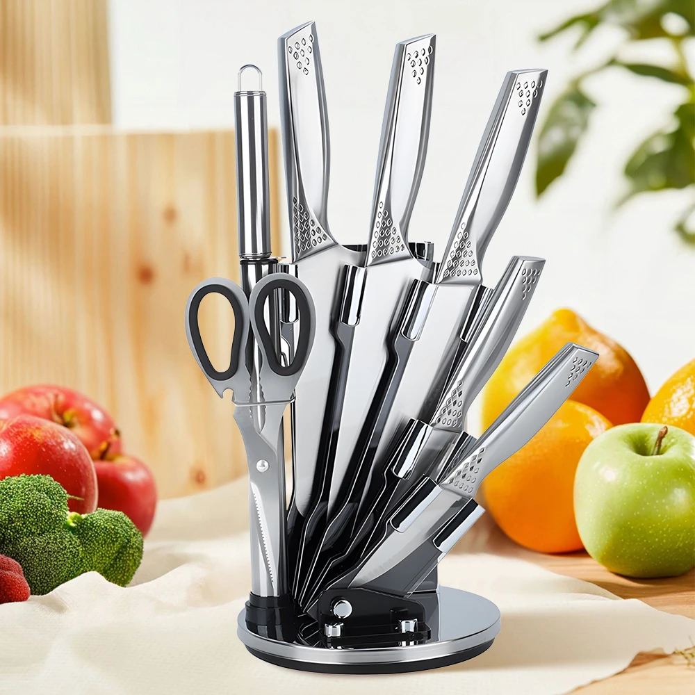 MDHAND 8-teiliges Ganzstahl-Küchenmesser-Set mit Halter, Kochmesser, Allzweckmesser, Schere, Schärfstab, ideal für Zuhause/Restaurant Image