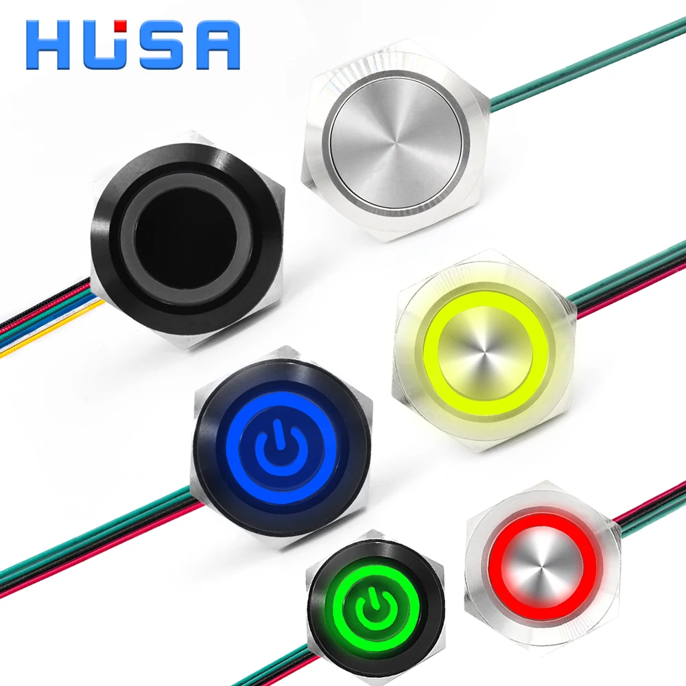 16/19/22/25/30 mm mit Drähten, kurzer Hub, wasserdichter Metall-Drucktastenschalter, 1 Schließer, kurzzeitig, selbstrückstellend, LED-Licht, 12–24 V/5 V Image