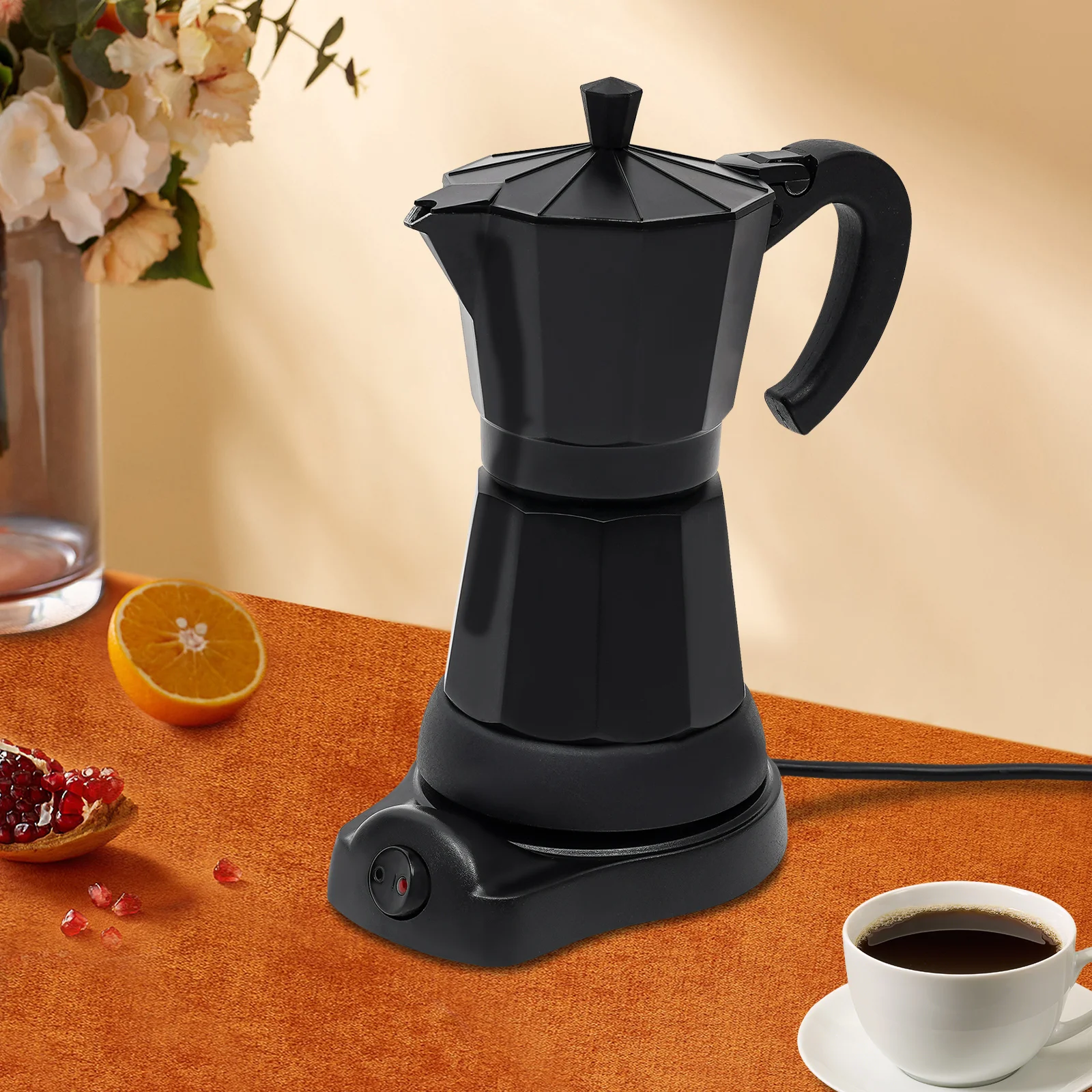 Elektrische Moka-Kanne mit Sockel, moderne schwarze 480-W-Kaffeemaschine, 300-ml-Kaffeekanne für den Heimgebrauch, Büros, Cafés Image