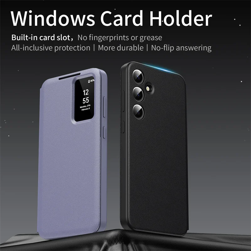Für Samsung Galaxy S25 S23 S24 S26 Ultra S25Plus Hülle Original PU-Leder Kartenfach Flip Smart Display Transparentes Fenster Cover Image