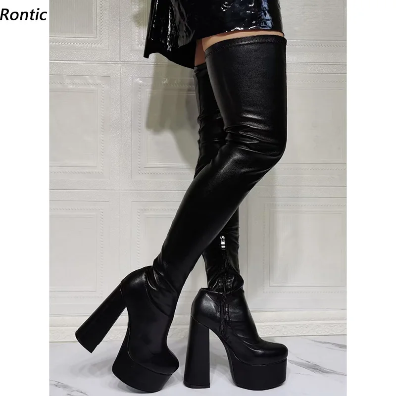 Rontic Frauen Winter Stretch Oberschenkel Stiefel Plattform Seitlichem Reißverschluss Sexy Blockabsatz Runde Kappe Schwarz Boutique Schuhe US Größe 5-20
