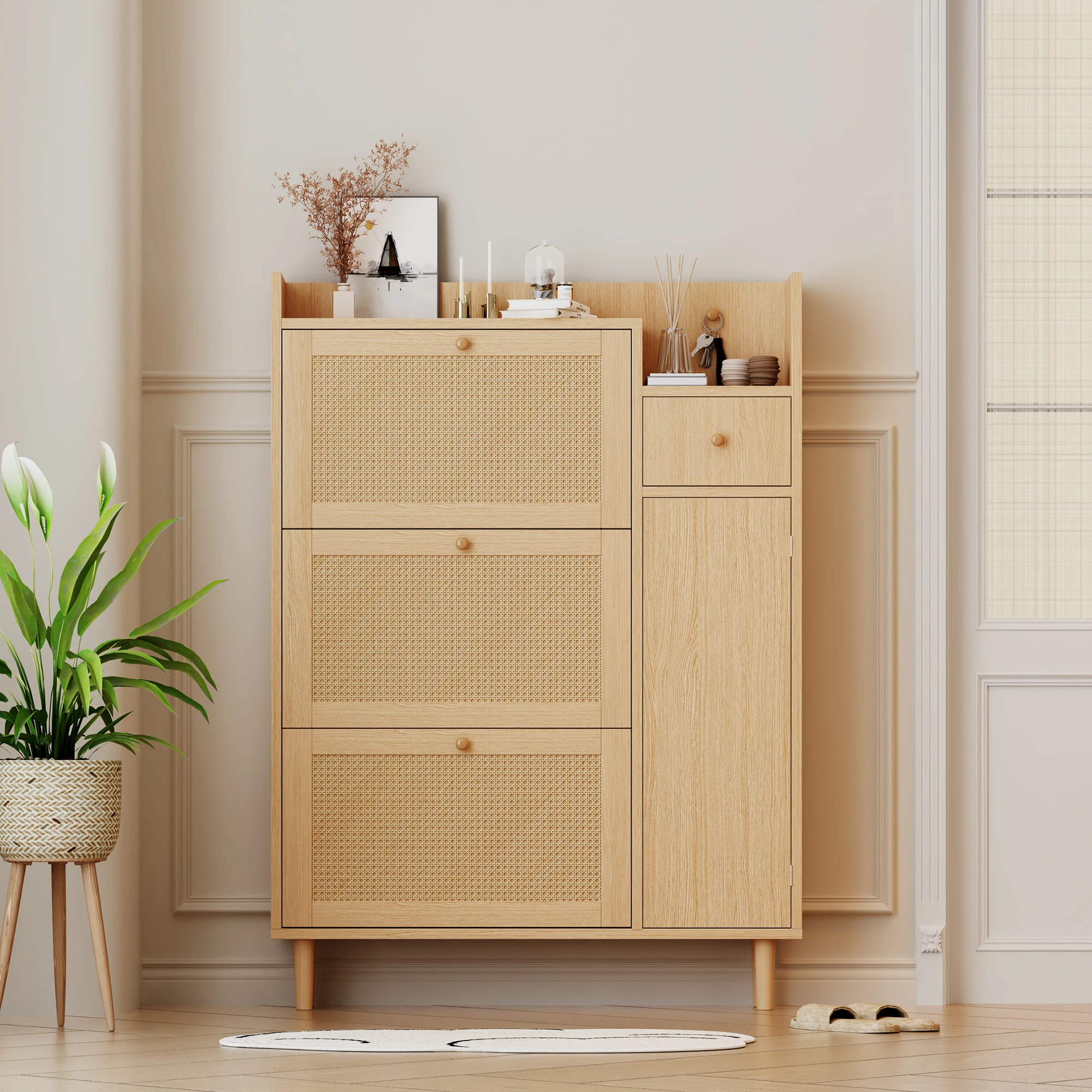 3-stöckiger Schuhschrank mit Türen, Schuhschrank aus Holz mit verstellbaren Regalen für Eingangsbereich, Flur, Schlafzimmer