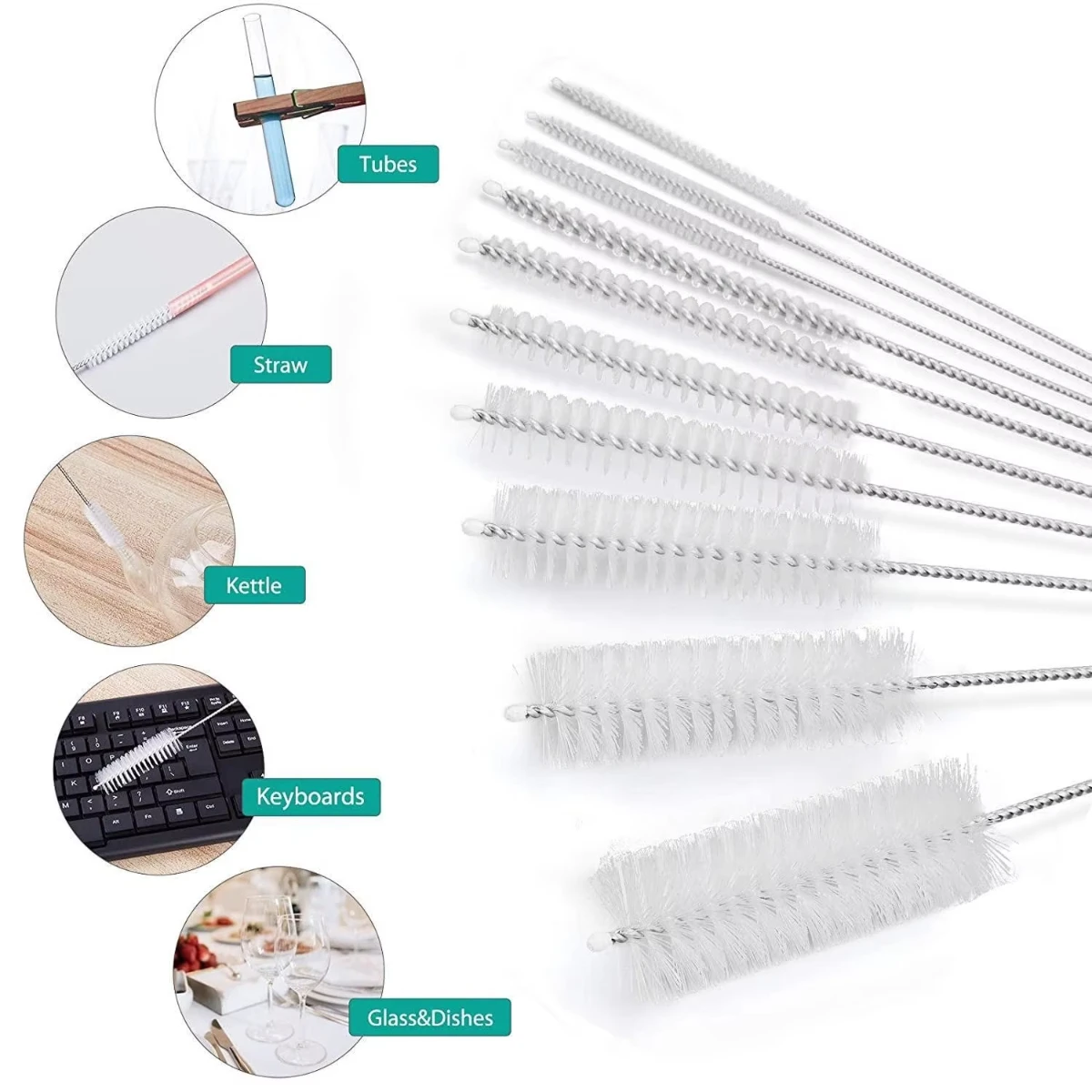 10 Teile/satz Multifunktionale Tragbare Edelstahl Haushalt Flasche Pinsel Reiniger Glas Waschen Rohr Reinigung Pinsel Set Image