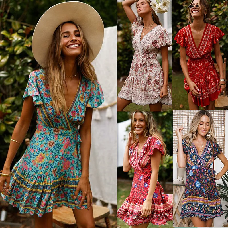 Damen S-XL Größe Neue Sommer V-Ausschnitt Sexy Bohemian Bedrucktes Kleid Kurzer Rock Schnürung Damenbekleidung Damenkleid Bohemian Wind