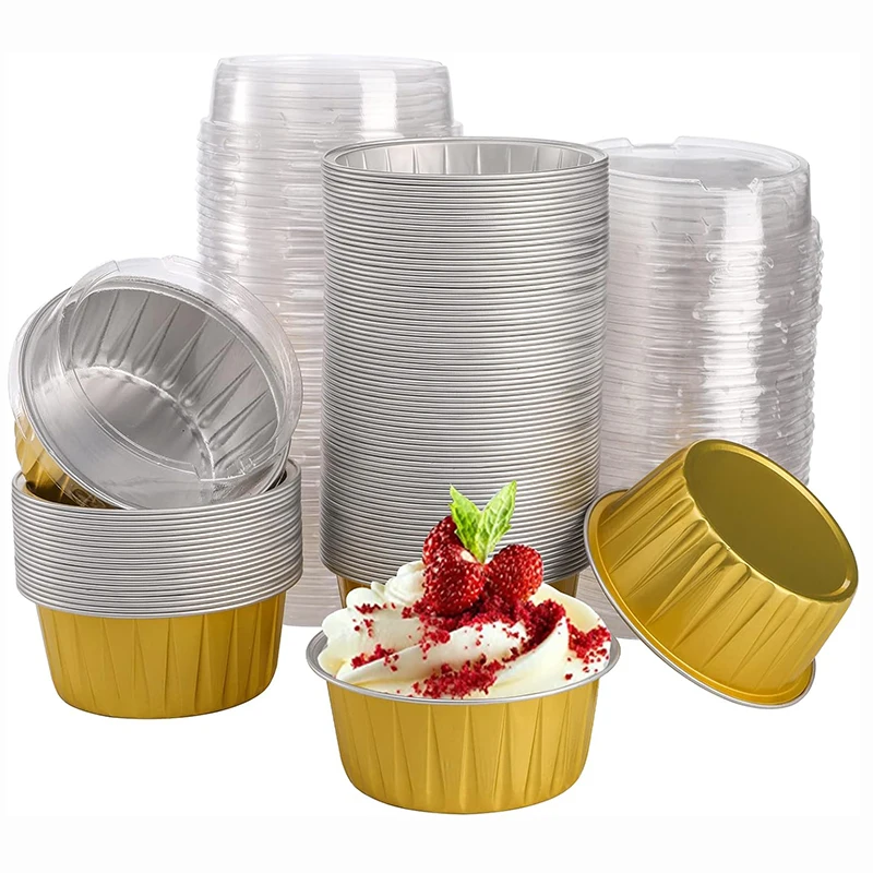 50 Stück Backförmchen aus Aluminiumfolie mit Deckel, Einweg-Folieninlagen, Mini-Muffin, Cupcake, Kuchen, Pudding, Soufflé, Kuchenhalter für Party Image