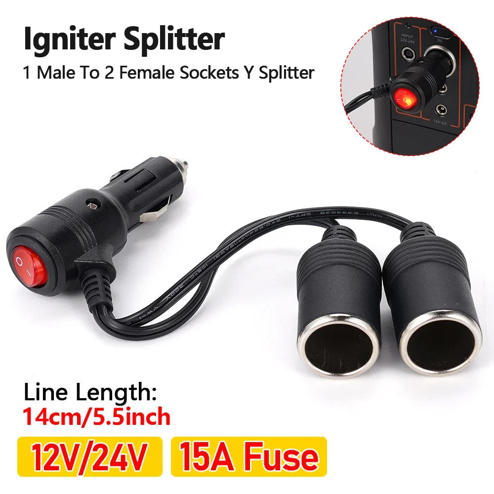 18AWG Auto-Zigarettenanzünder 15A Zündsplitter-Adapter mit Ein-/Ausschalter 1 Stecker auf 2 Buchsen Y-Splitter 12V/24V Image