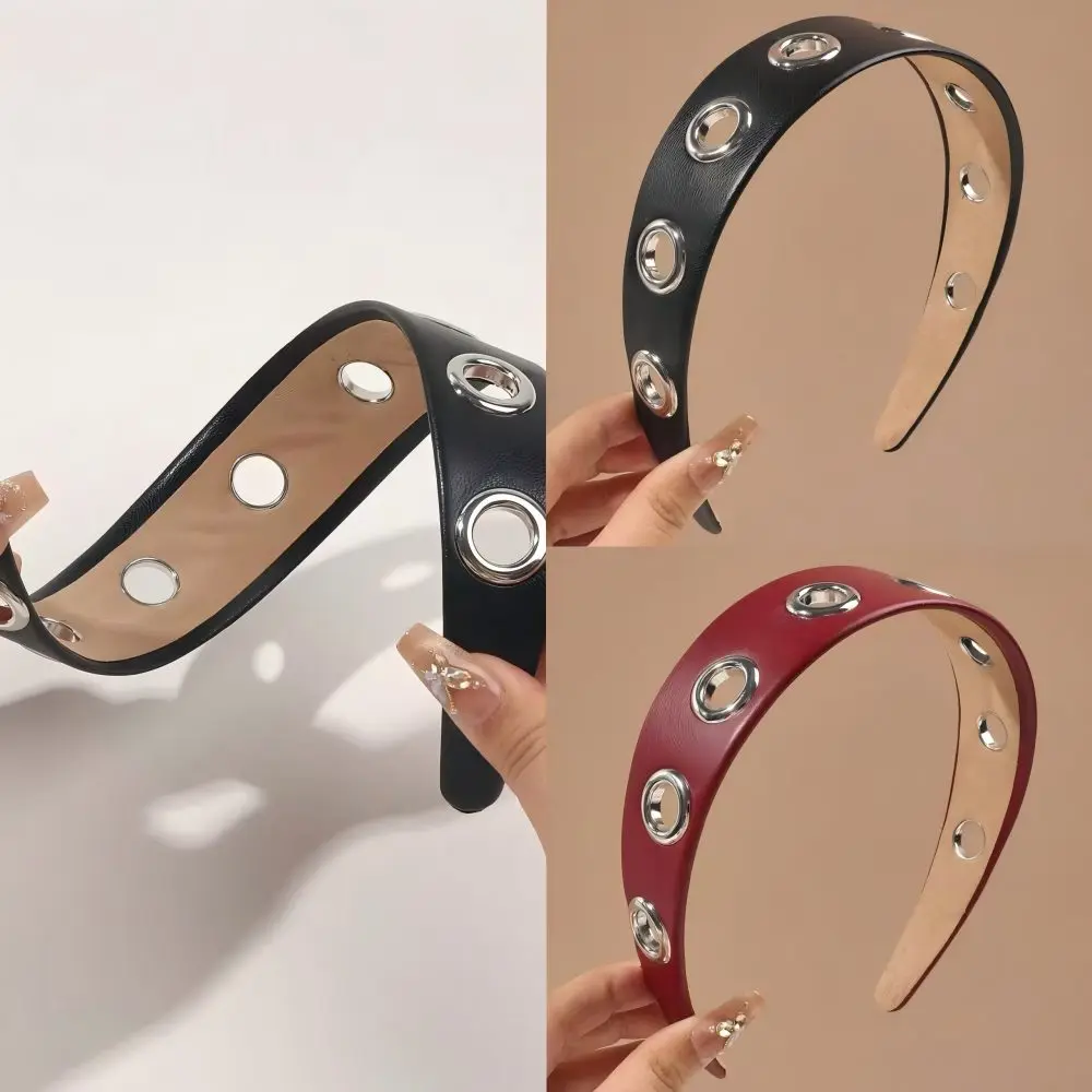 1 Stücke Herbst Winter Schwarz und Rot Mode Punk Leder Metall Nieten Einzigartiges Haarband für Frauen Stirnband Mode Haarschmuck