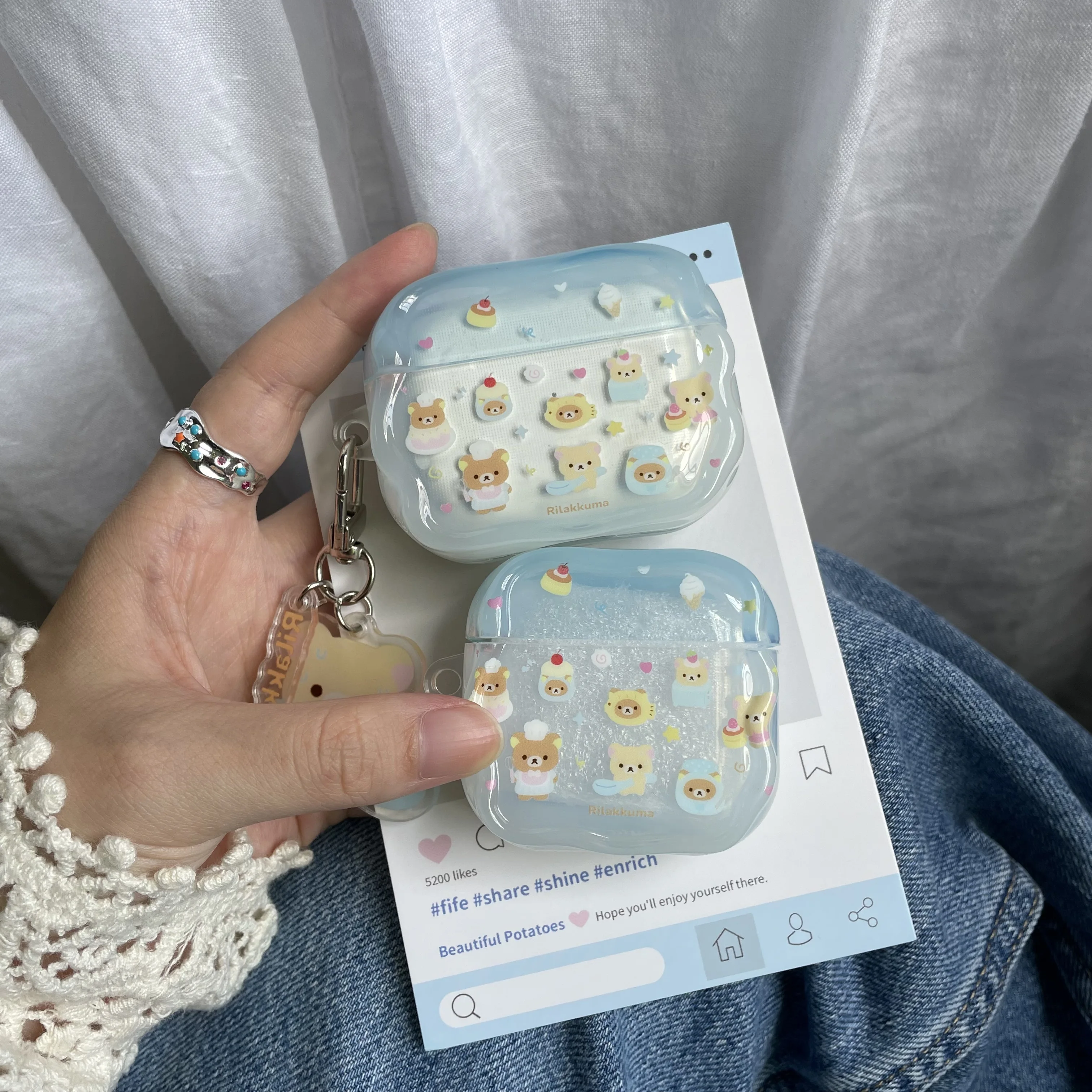 Cartoon Cake Bear Blue Wave Hülle für AirPods 2 3 4 ANC Cover mit Schlüsselanhänger für Apple AirPod Pro 3 2025, Kopfhörer-Schutzhüllen Image