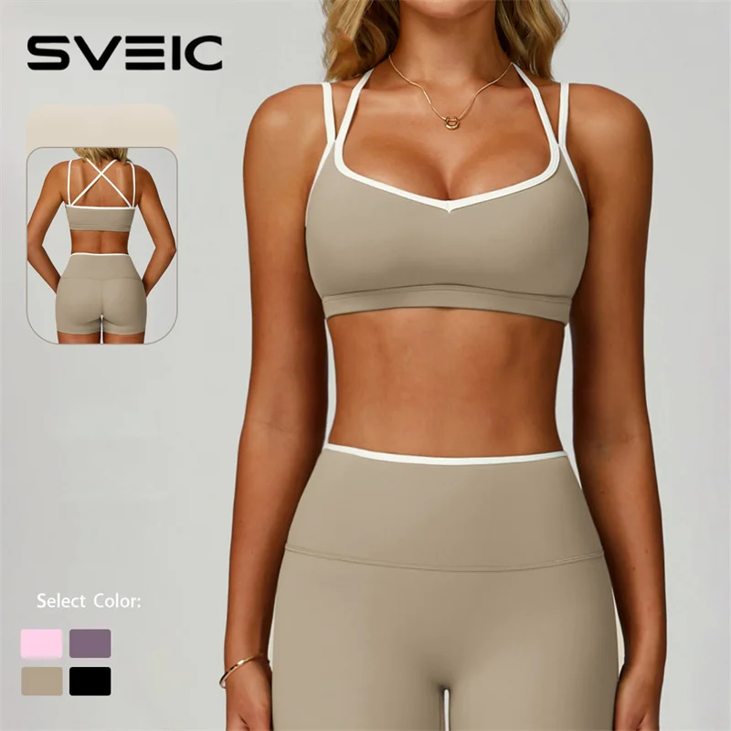 SVEIC Ensembles de shorts de Yoga, soutiens-gorge de sport, couleurs contrastées, vêtements de sport, haut de Fitness, costumes deux pièces, entraînement, course à pied, vêtements de gymnastique pour