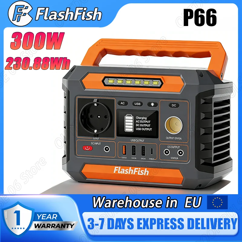 Station d'alimentation portable FF Flashfish P66, générateur 300W 230,88Wh, 8 prises, USB-C QC3.0, onde sinusoïdale pure, charge solaire en extérieur