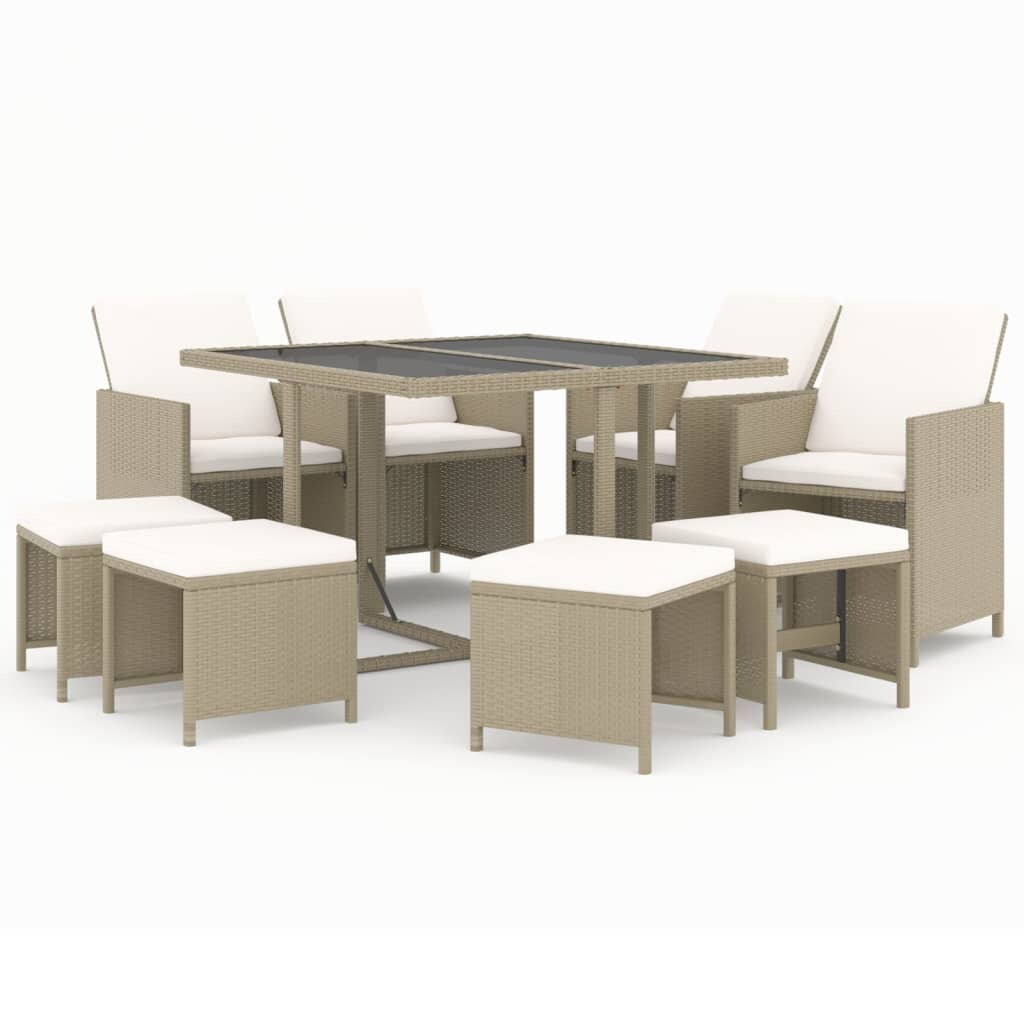 vidaXL 9-tlg. Garten-Essgruppe mit Kissen Poly Rattan Beige Image