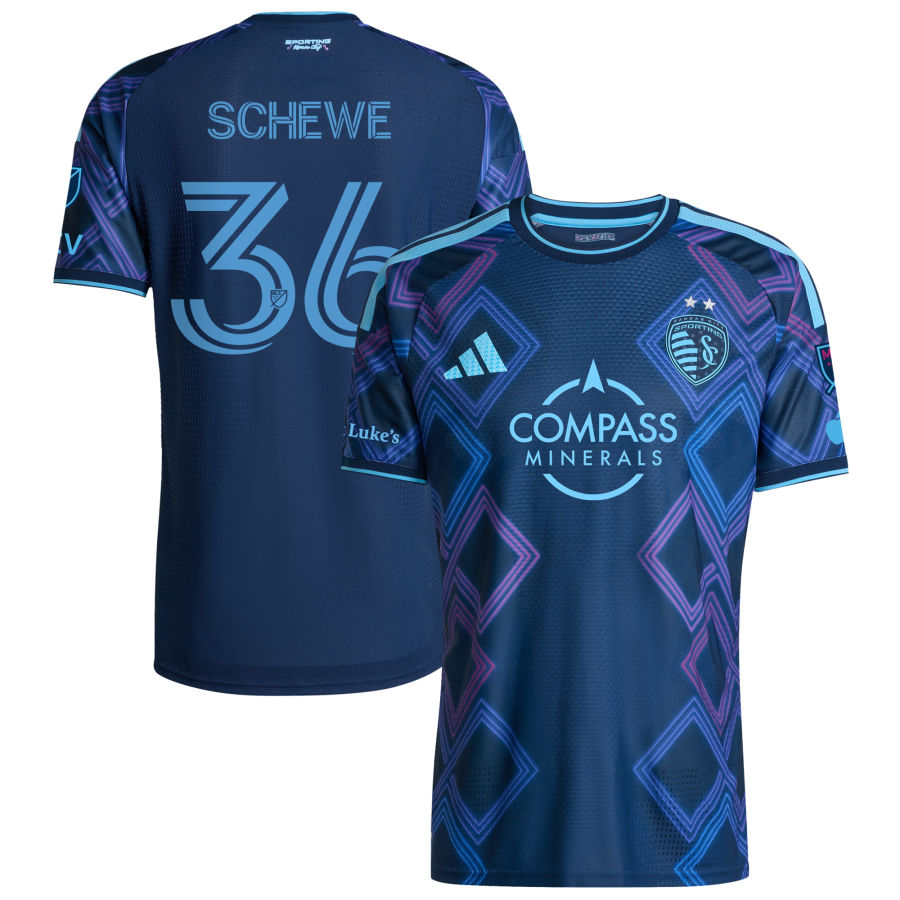 Ryan Schewe Men's adidas Blue Sporting Kansas City 2026 The 18th & Vine Kit On-Field Authentic Patch Custom Jersey