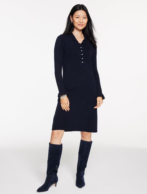 Cable Knit Ruffle Sweater Dress - Blue - Talbots Dresses