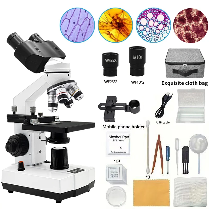 Binokularmikroskop für Erwachsene, 40- bis 2500 x HD-Inspektionslabor, optisches Mikroskop-Werkzeugset für Schulen, Zuhause und wissenschaftliche Forschung Image