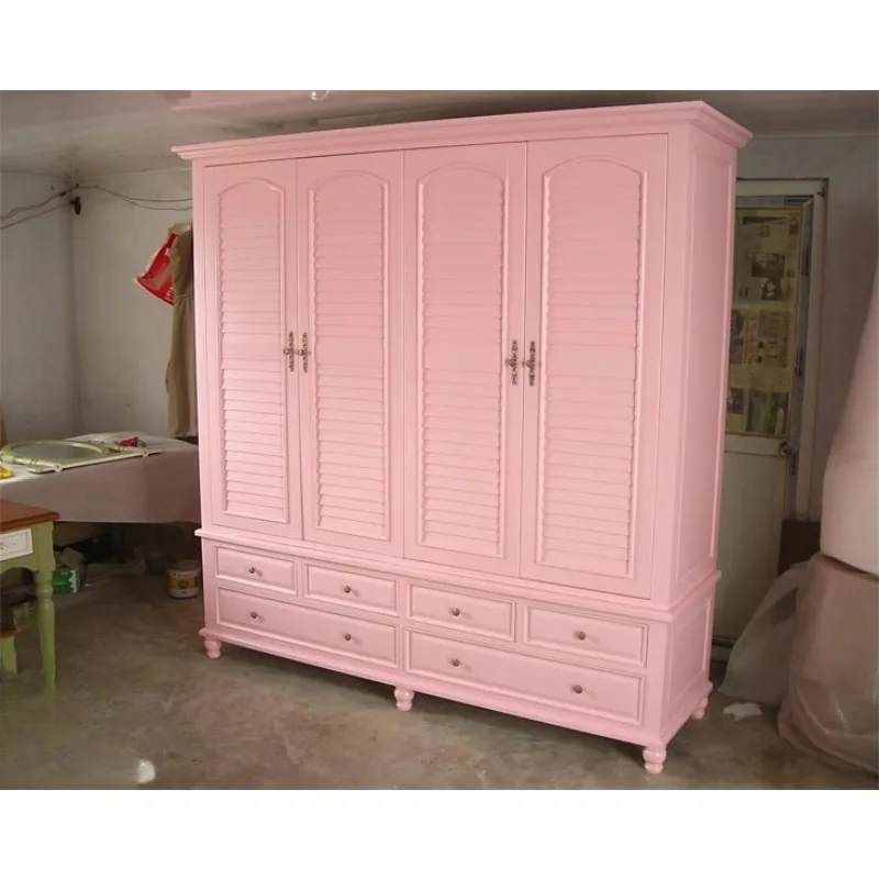 Britischer europäischer Massivholz-Kleiderschrank für Mädchen, Prinzessin, pastoraler Stil, Retro-Rosa-Farbe, amerikanischer leichter Luxus