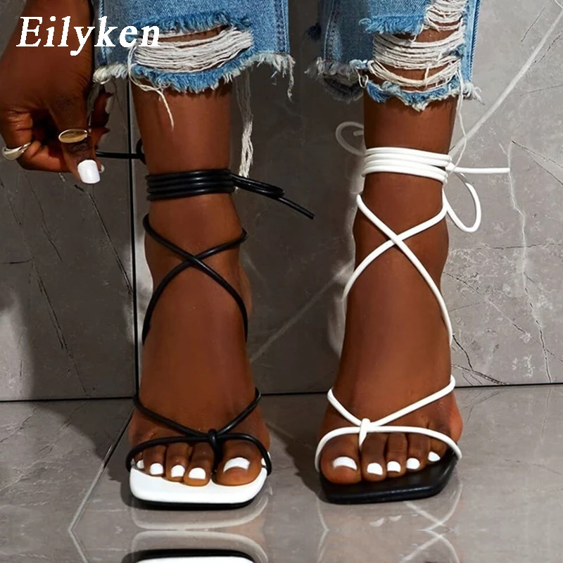 Eilyken neue Mode sexy Schnürung Frauen Sandalen quadratische Zehen dünne Ferse Kreuz gebunden Party Schuhe High Heel 9cm schwarz weiß Größe 35-42