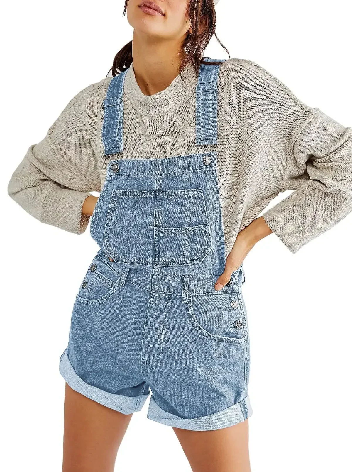 Frauen Denim Playsuits Overalls Waschen Denim Strampler Einteilige Solide Shorts Taschen Gespleißt High Street Backless Lose Taste Image