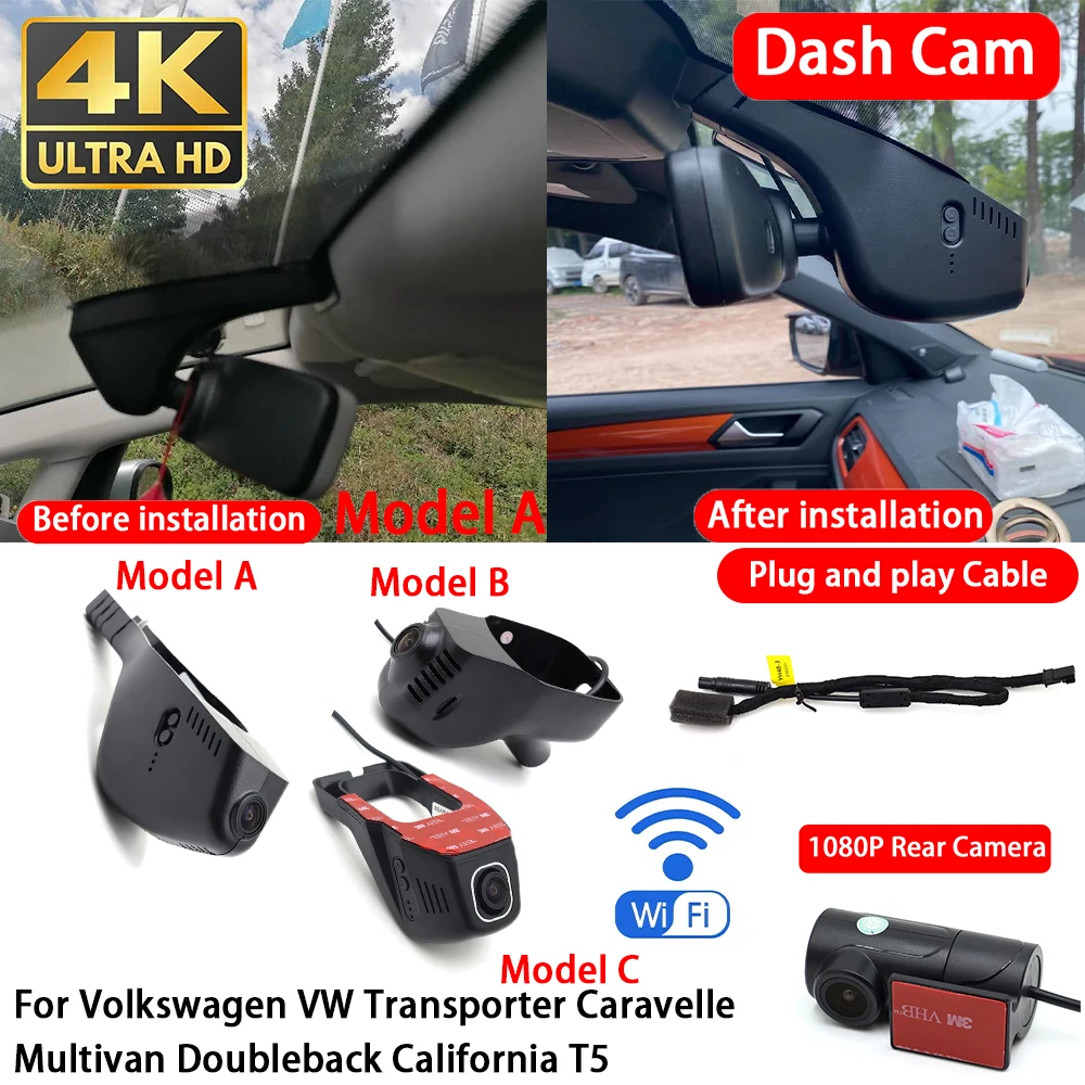 Für Volkswagen VW Transporter Caravelle Multivan Doubleback California T5 4K Dash Cam Vorne Hinten Auto Kamera DVR Wifi Plug & Play Image