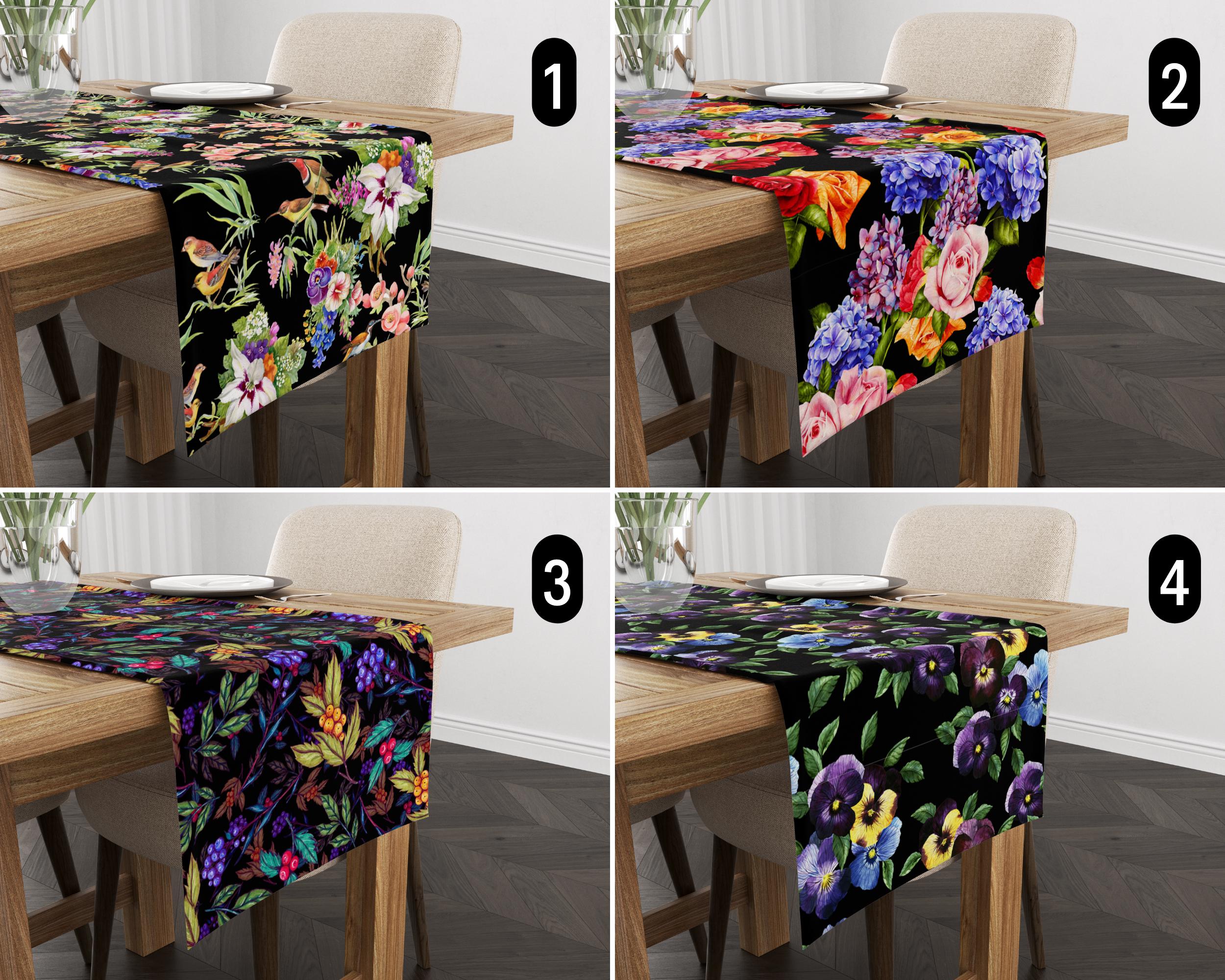 Runner da tavolo floreale scuro, runner da tavolo con fiori in stile boho elegante vintage e gotico, runner da tavolo esotico di lusso nero, arredamen