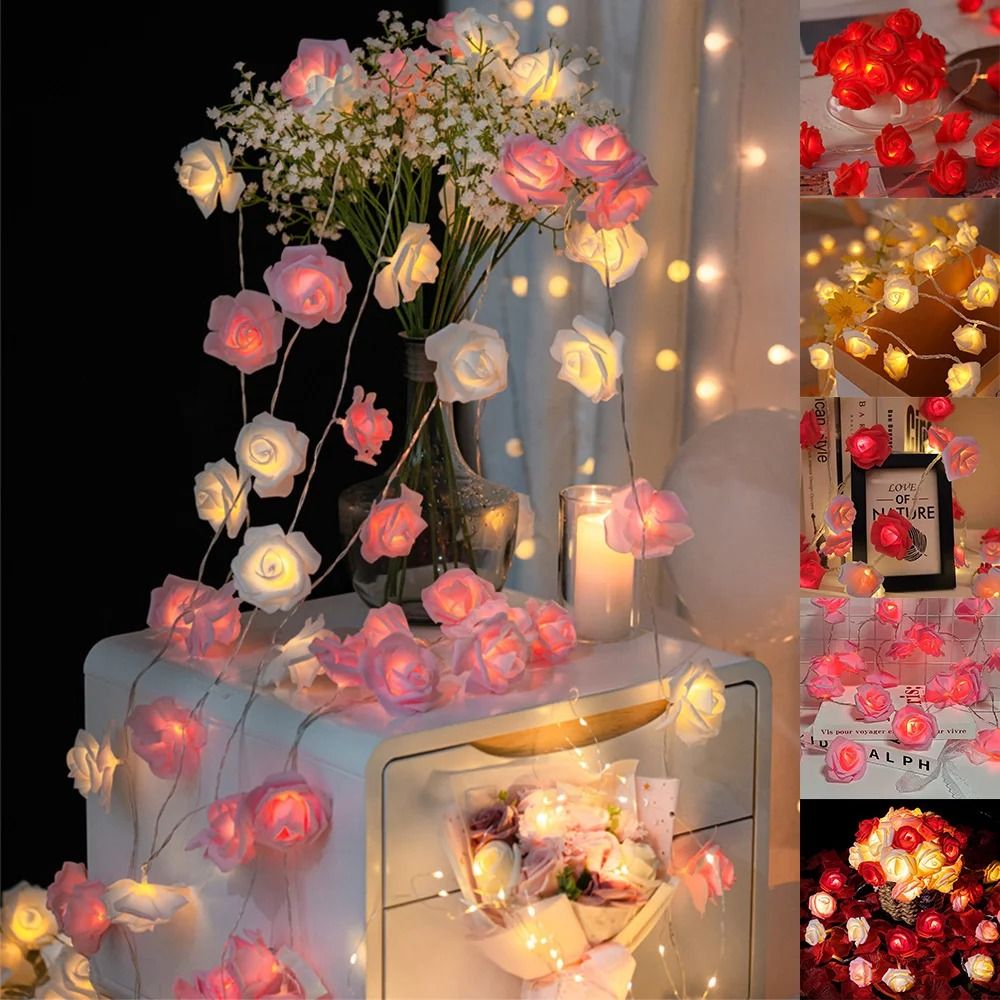Rose Flower LED String Lights High Performance Battery Operated Garland For Weddings & Decor pink Red